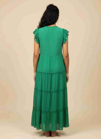 Robe verte mi-longue à volants, vue arrière, manches courtes à volants