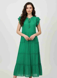 Robe verte mi-longue à volants, manches courtes, encolure en V, doublée