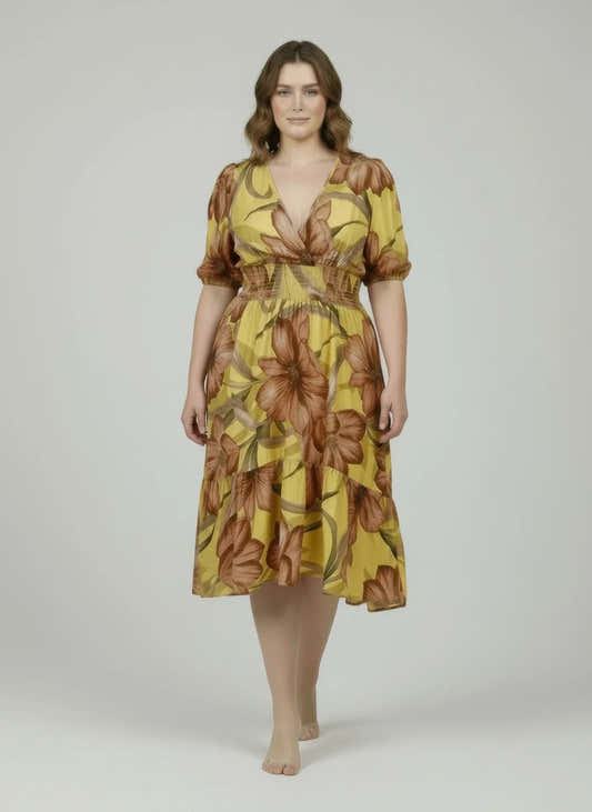 Robe jaune à fleurs, col en V, manches bouffantes, taille élastique