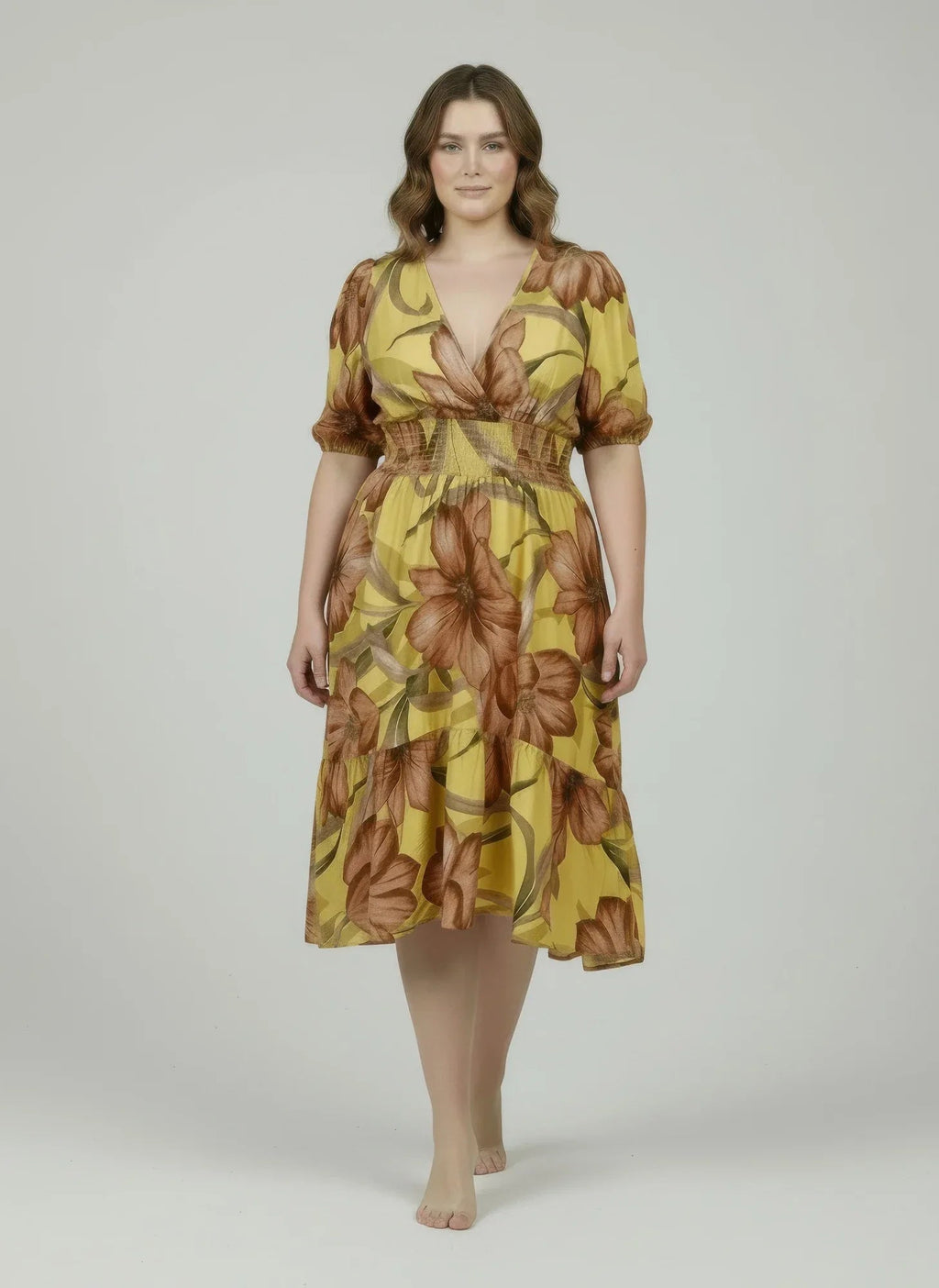 Robe jaune à fleurs, col en V, manches bouffantes, taille élastique