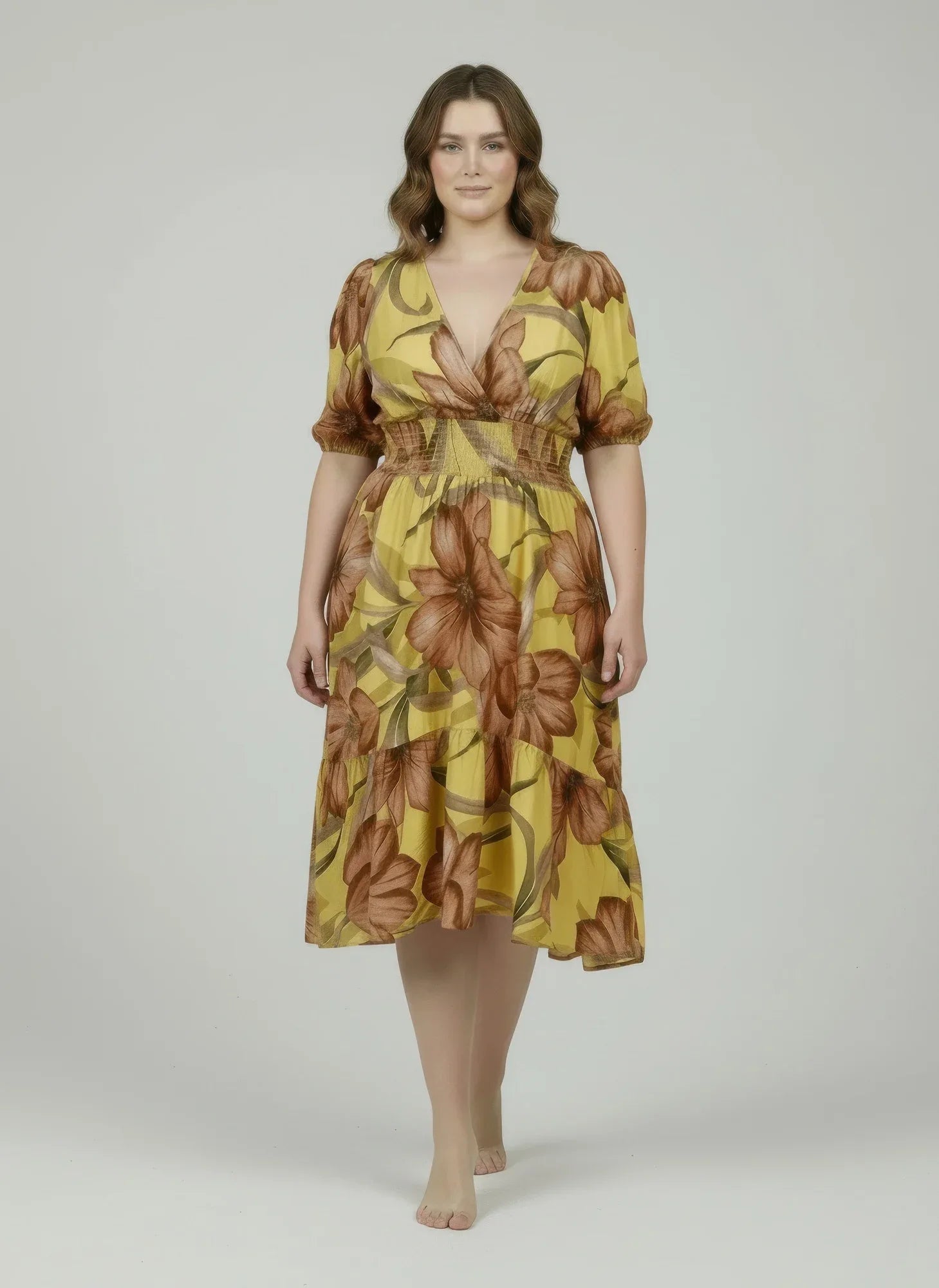 Robe jaune à fleurs, col en V, manches bouffantes, taille élastique