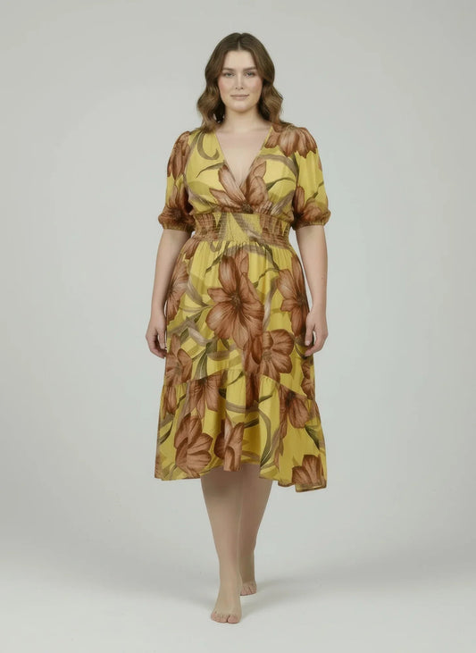 Robe Fleurie Jaune Mlle Gabrielle – Col V Taille Élastique Grande Taille Oléna-Fashion