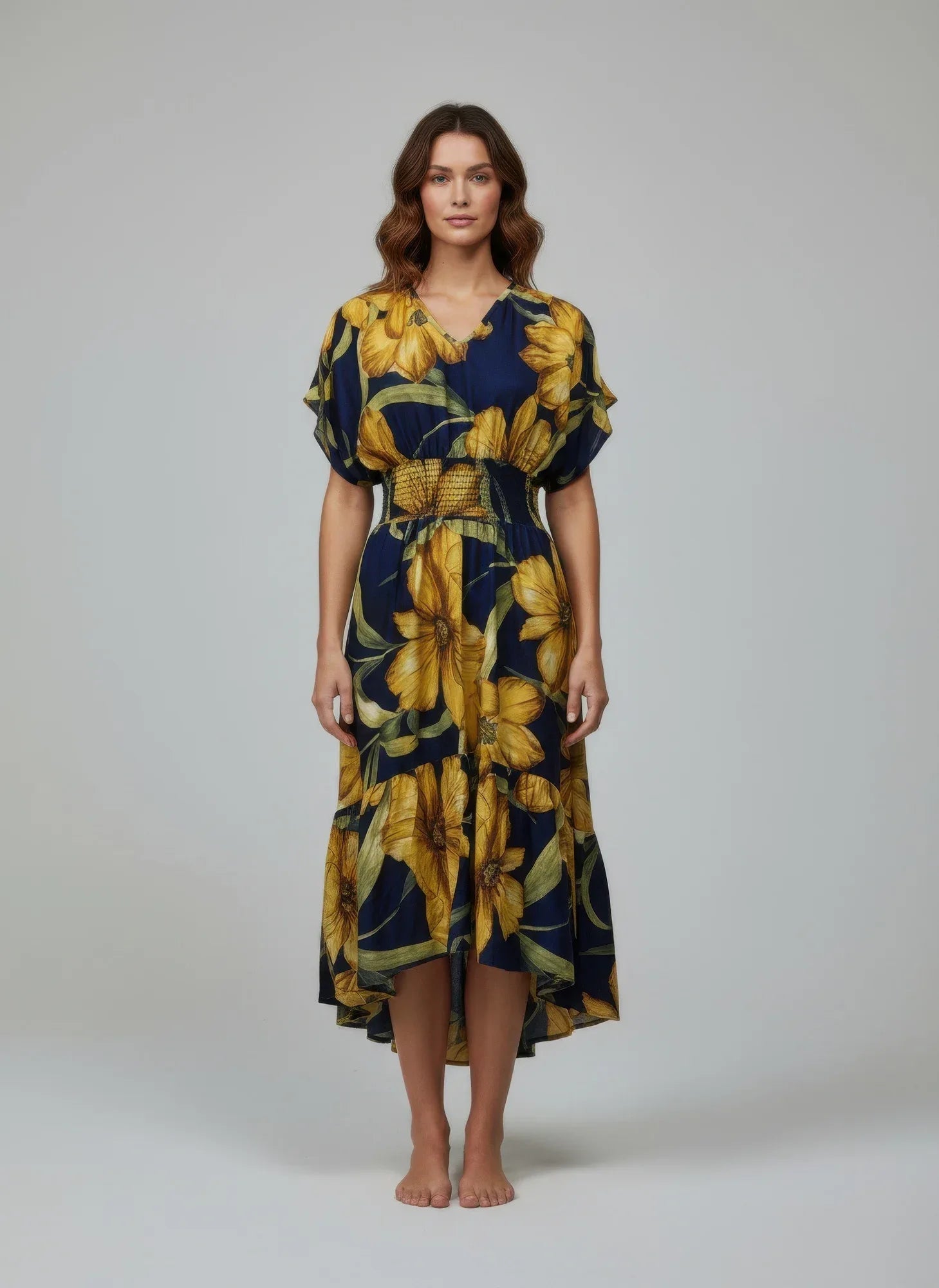 Robe fleurie à col en V, bleu nuit et jaune, ourlet asymétrique, taille élastique
