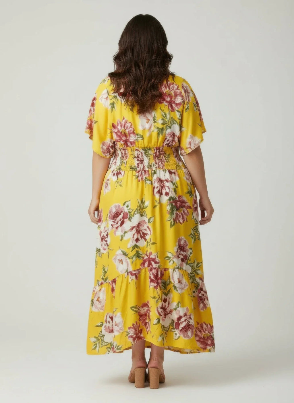 Robe fleurie moutarde, dos avec manches courtes évasées et taille élastique