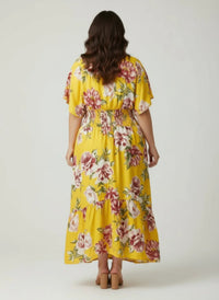 Robe fleurie moutarde, dos avec manches courtes évasées et taille élastique