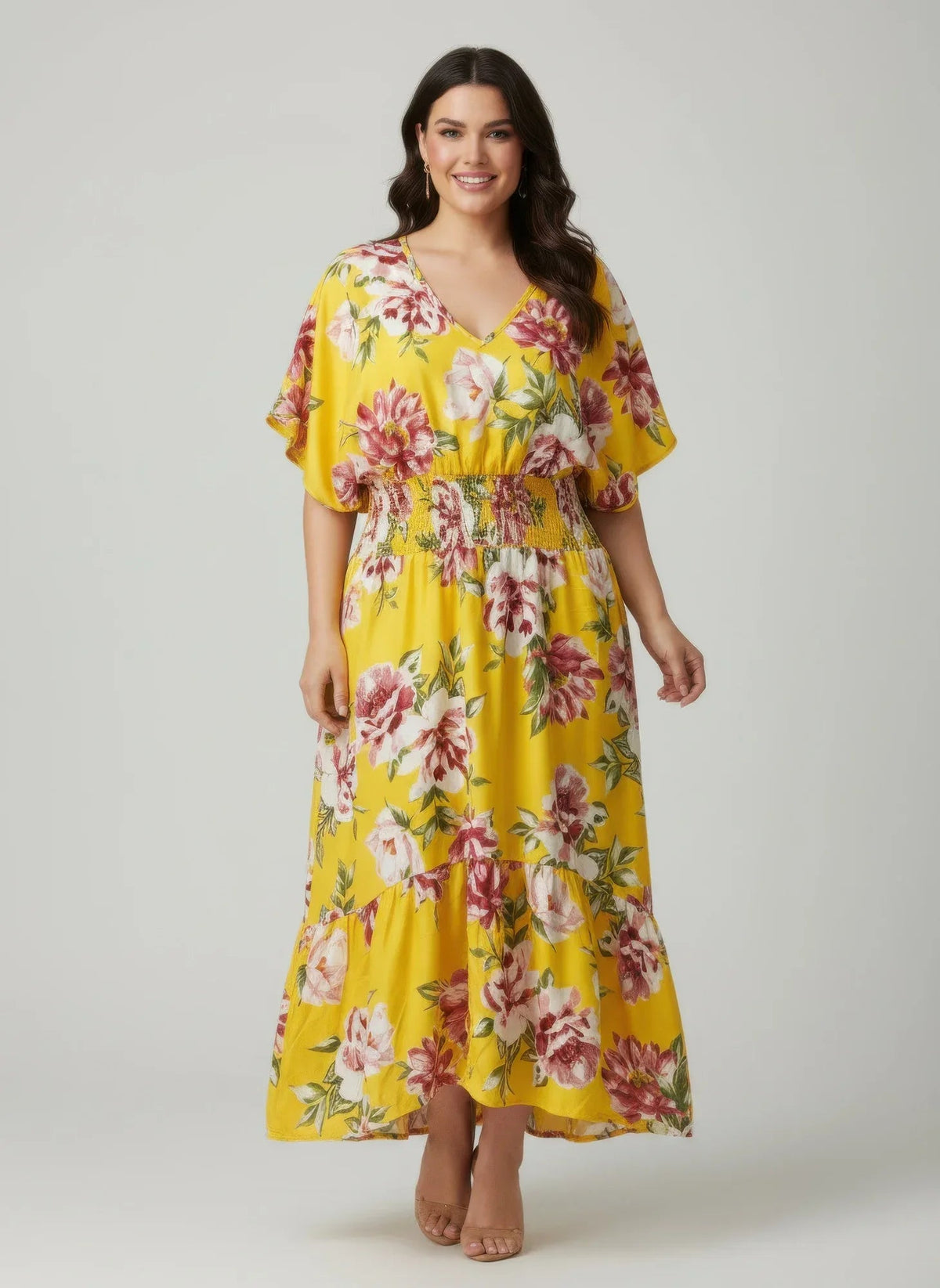Robe fleurie moutarde à manches courtes évasées, taille élastique, ourlet asymétrique