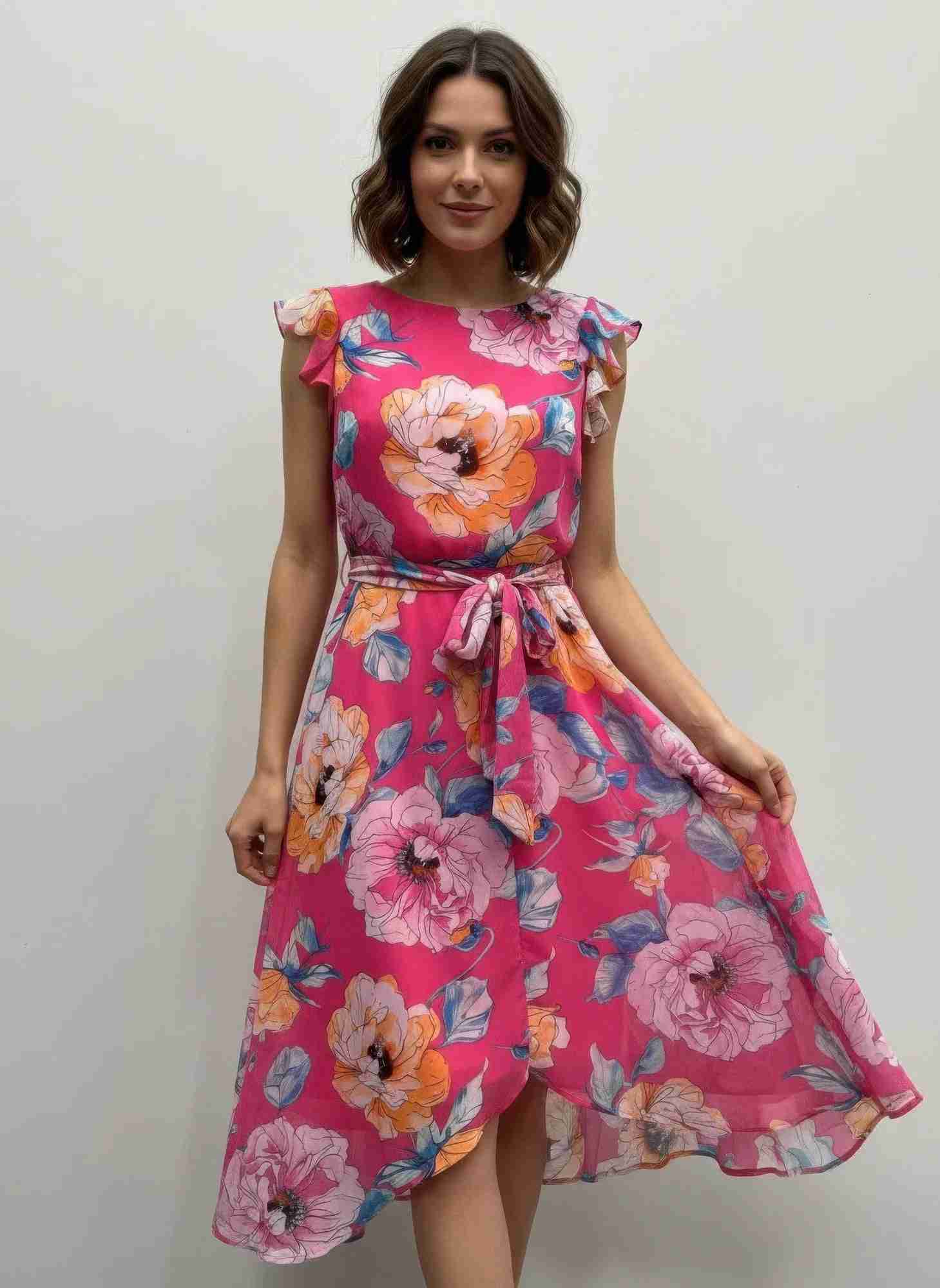 Robe midi fuchsia fleurie, manches volantées, lien à la taille, ourlet asymétrique