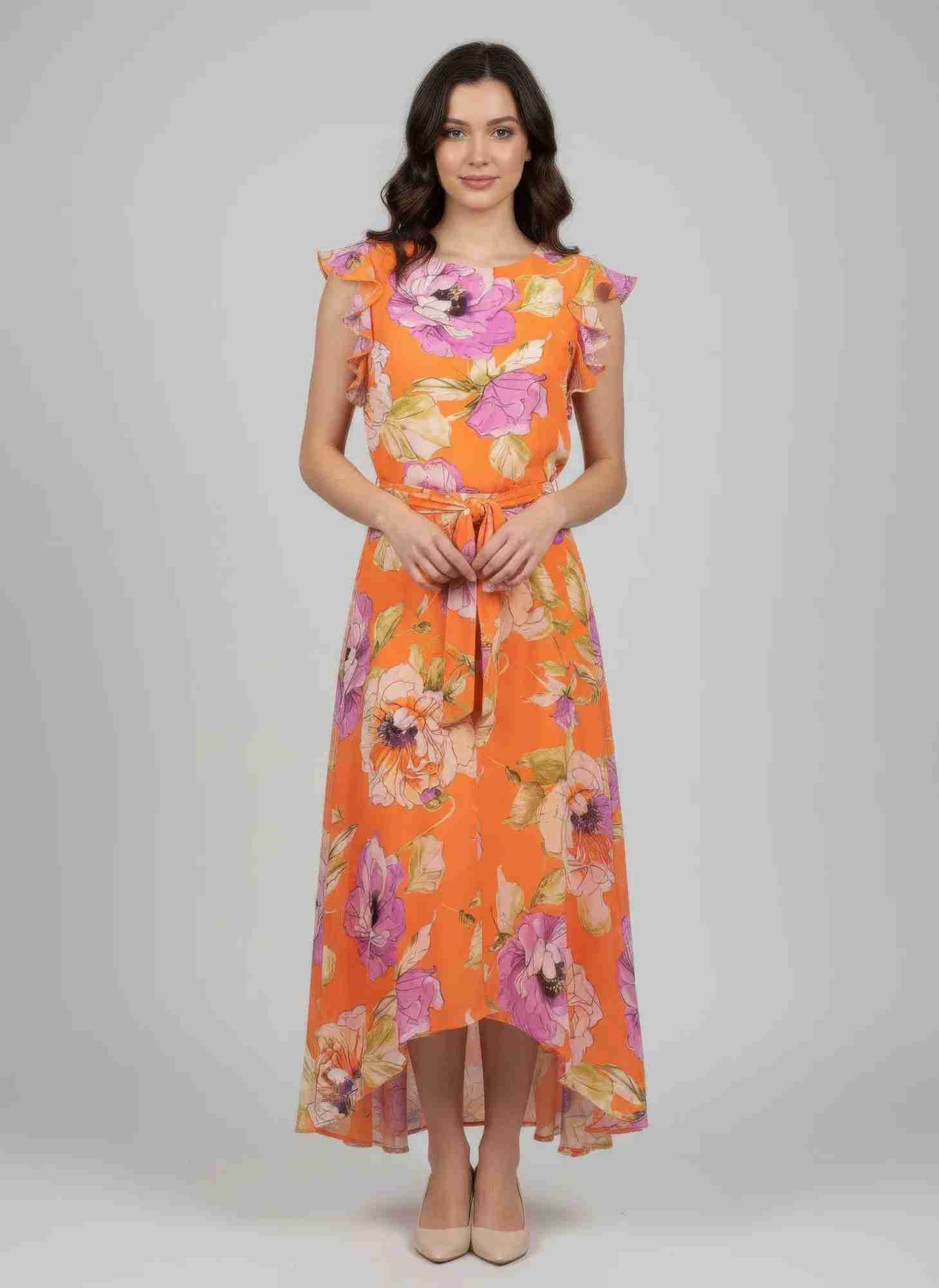 Robe midi orange à fleurs, manches volantées, lien à la taille, ourlet asymétrique