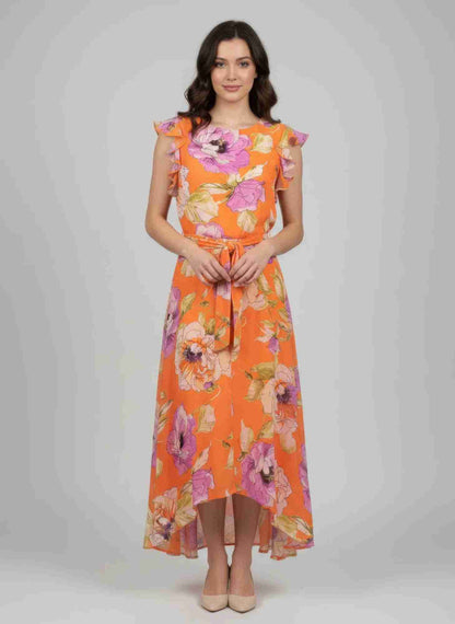 Robe Florale Manches Volantées Ourlet Asymétrique Lien Taille Femme by CCWHOLESALECLOTHING