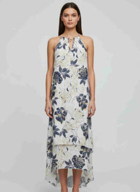 Robe sans manches à motif floral, ourlet asymétrique et détail col volant.