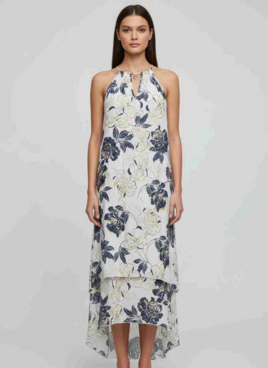 Robe Florale Sans Manches Ourlet Asymétrique Volants Détail Collier Femme – Blanc & Moutarde Oléna-Fashion