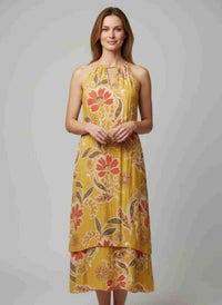 Robe sans manches moutarde à motif floral, ourlet asymétrique et col volant.