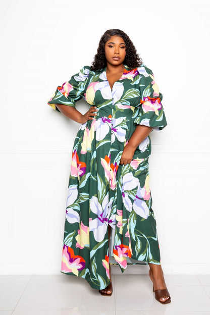Robe grande taille à manches bouffantes et devant boutonné – vue 3