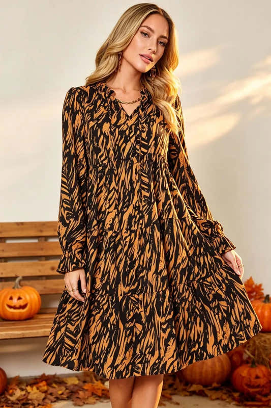 Robe grande taille à volants et manches longues caramel pour femme – vue 1