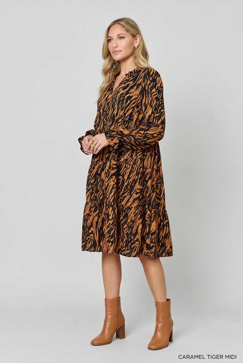 Robe grande taille à volants et manches longues caramel pour femme – vue 4