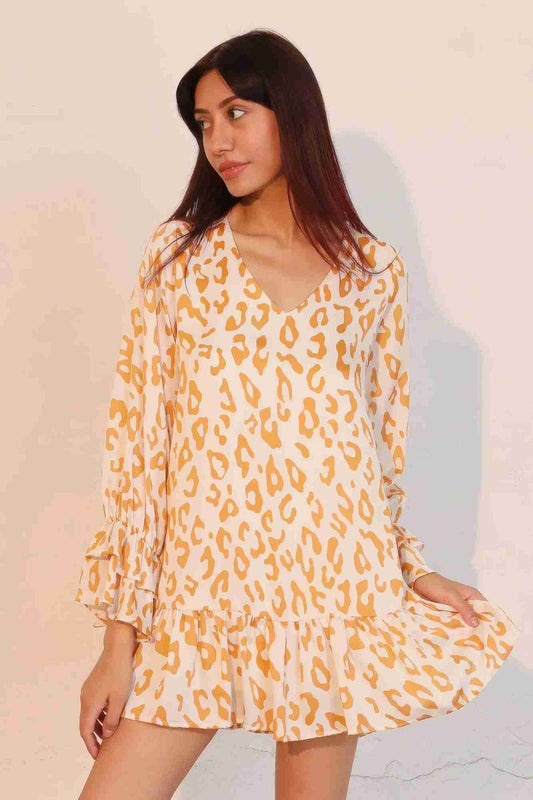 Robe Léopard Manches Longues Poignets Volantés Oléna-Fashion