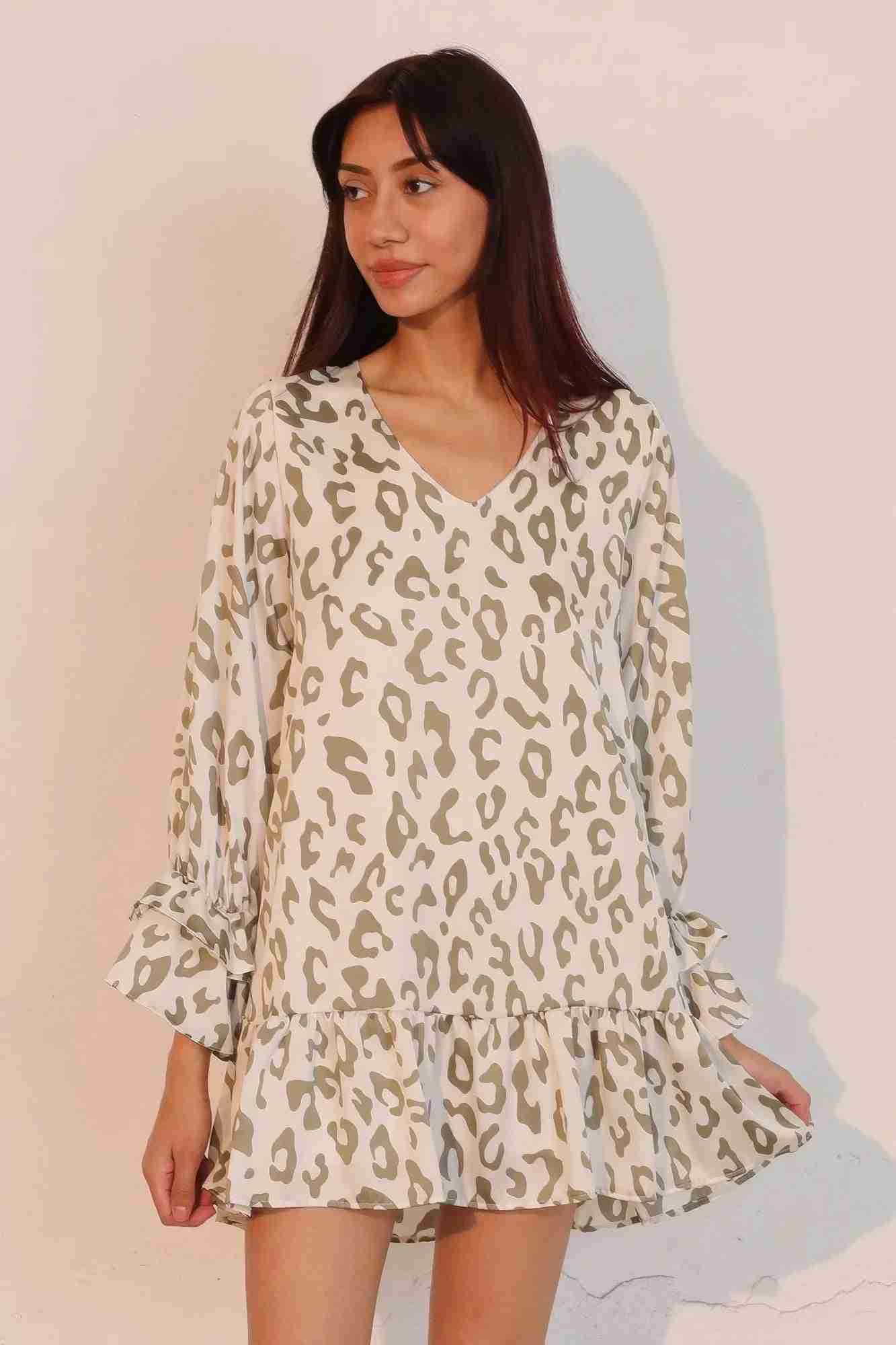 Robe Léopard Manches Longues Poignets Volantés by CCWHOLESALECLOTHING