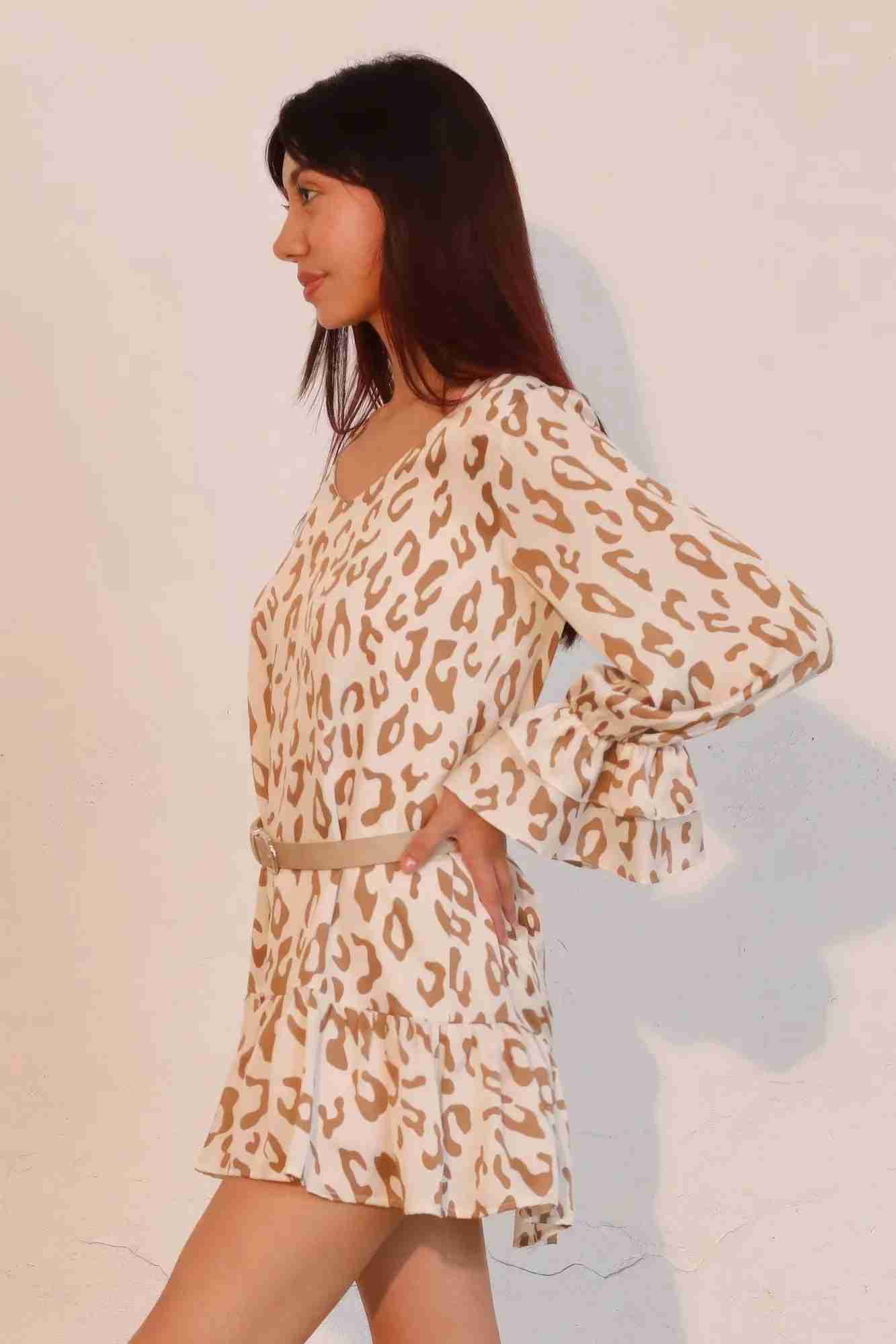 Robe Léopard Manches Longues Poignets Volantés by CCWHOLESALECLOTHING
