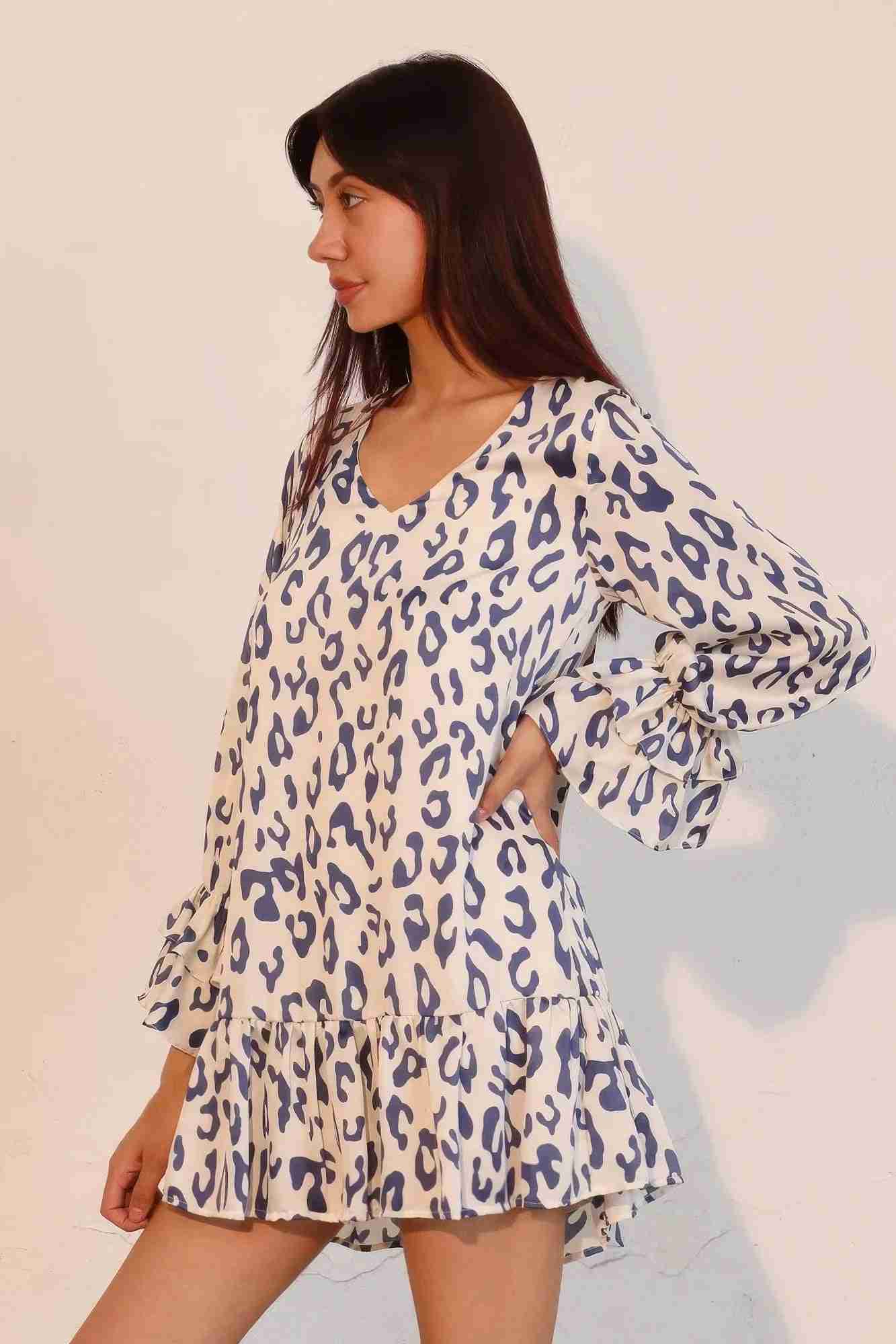 Robe Léopard Manches Longues Poignets Volantés by CCWHOLESALECLOTHING