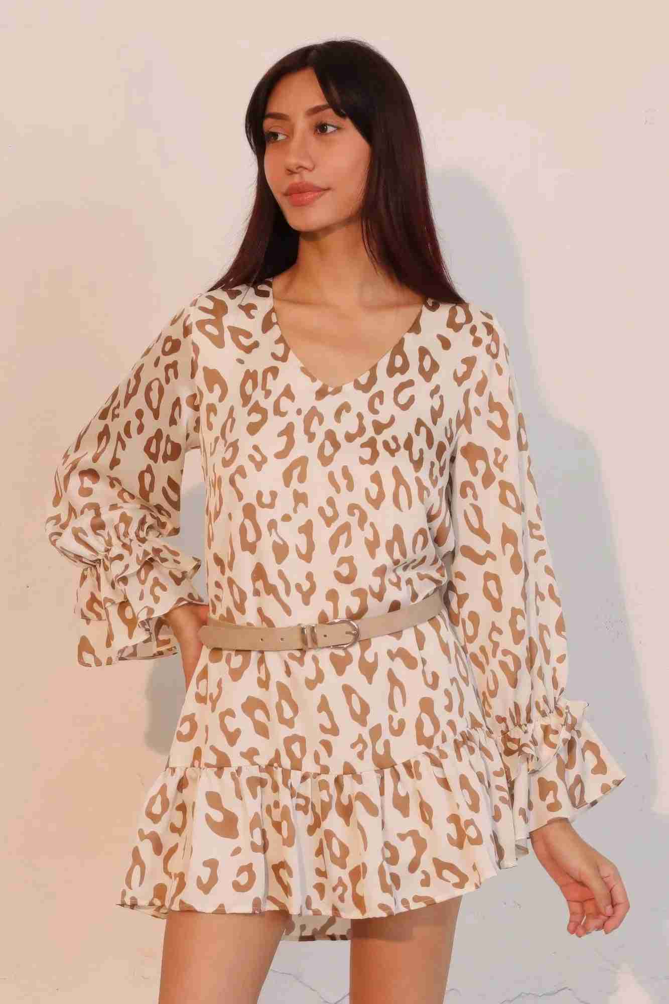Robe Léopard Manches Longues Poignets Volantés by CCWHOLESALECLOTHING