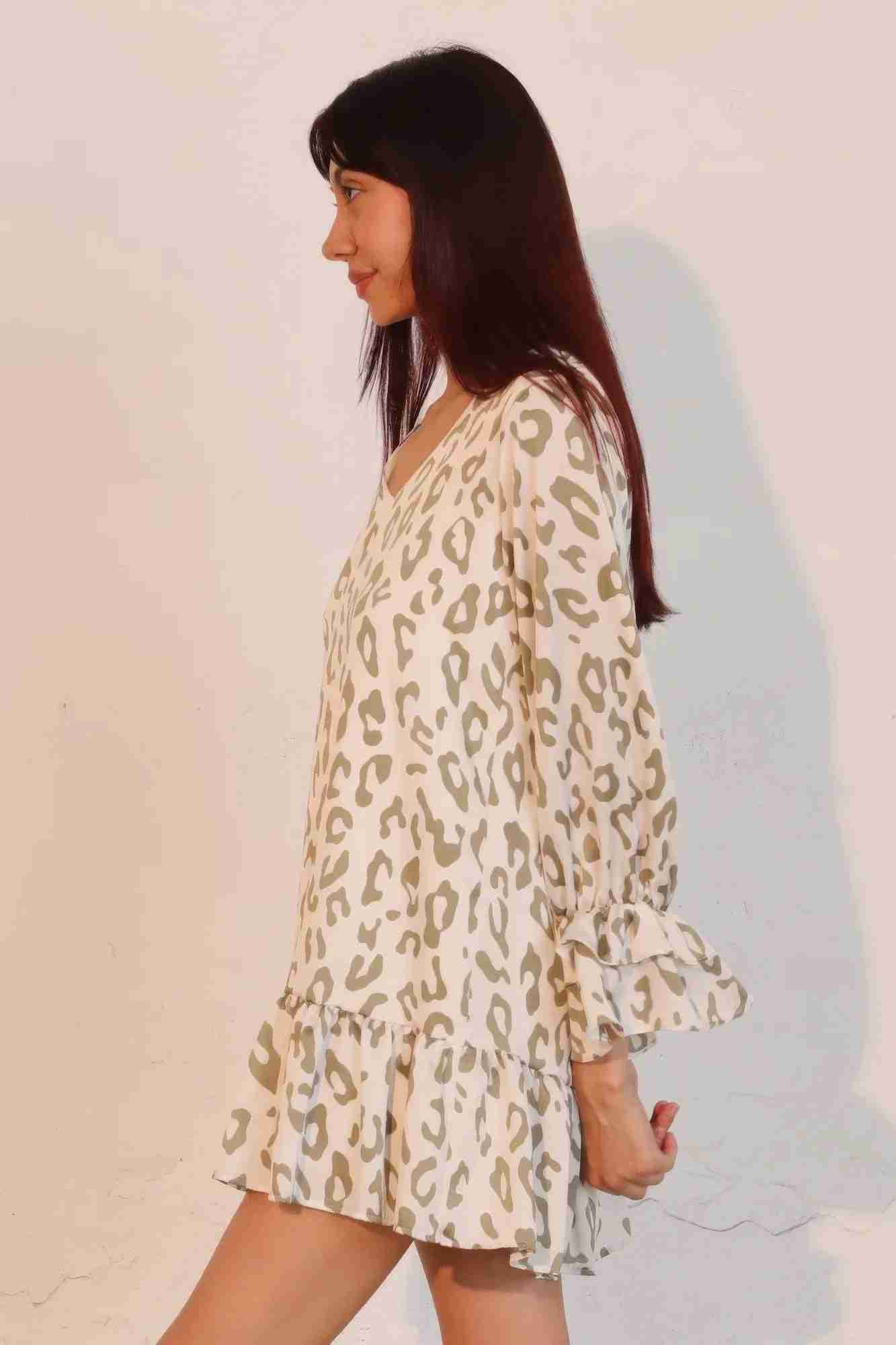 Robe Léopard Manches Longues Poignets Volantés by CCWHOLESALECLOTHING