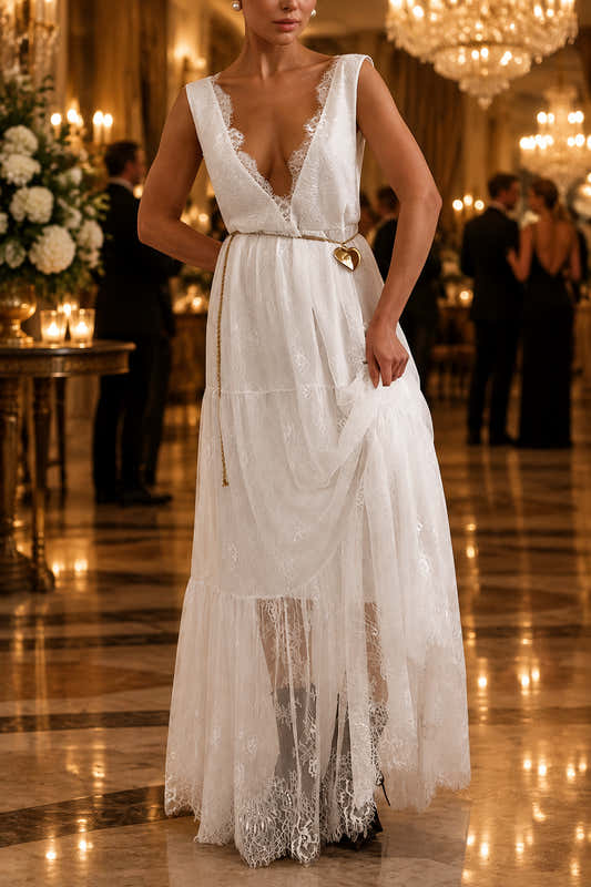 Robe longue en dentelle à col V profond et dos nu pour femme – vue 2