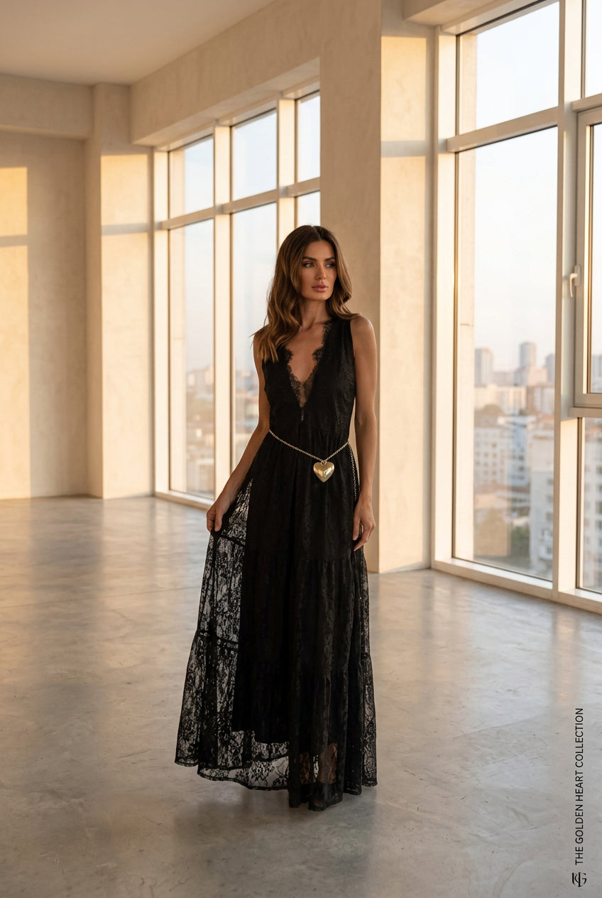 Robe longue en dentelle à col V profond et dos nu pour femme – vue 4