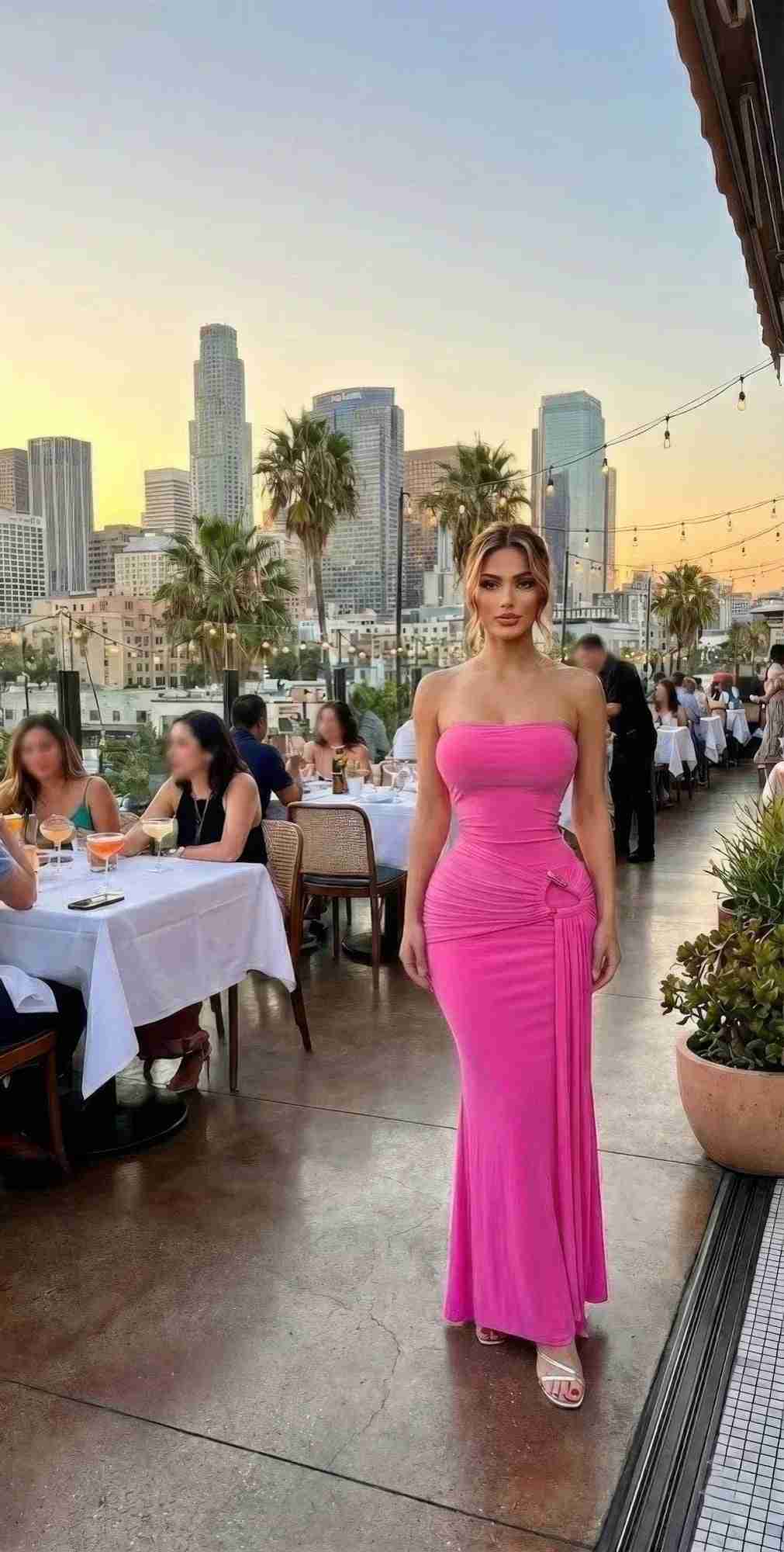 Robe longue fuchsia bustier drapé, sans bretelles, ajustée à la taille.
