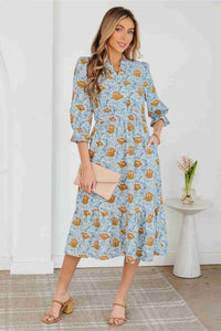 Robe longue femme bleue ciel à motifs ananas, col en V froncé, manches 3/4, évasée