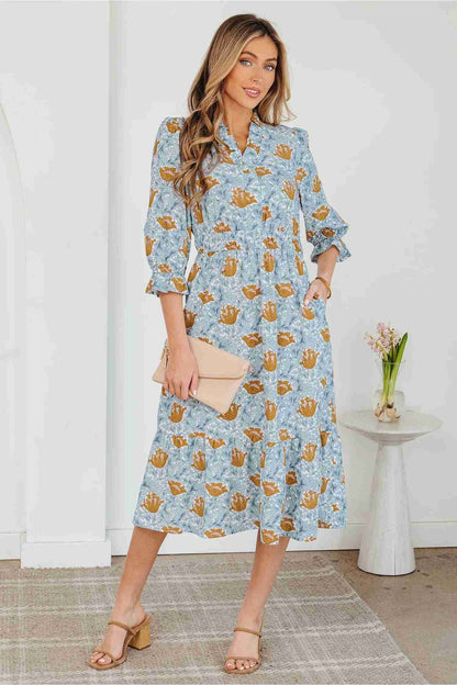 Robe Longue Femme Florale Col V Froncé Manches Bracelet – Bleu Ciel & Marron Oléna-Fashion
