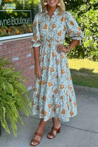 Robe longue femme bleue ciel à motifs ananas, manches 3/4, col en V, taille évasée