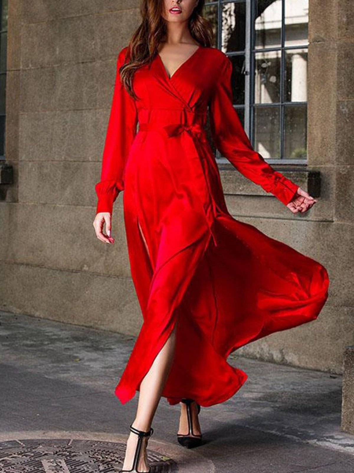 Robe longue grande taille cache-cœur à manches longues et fente pour femme – vue 4