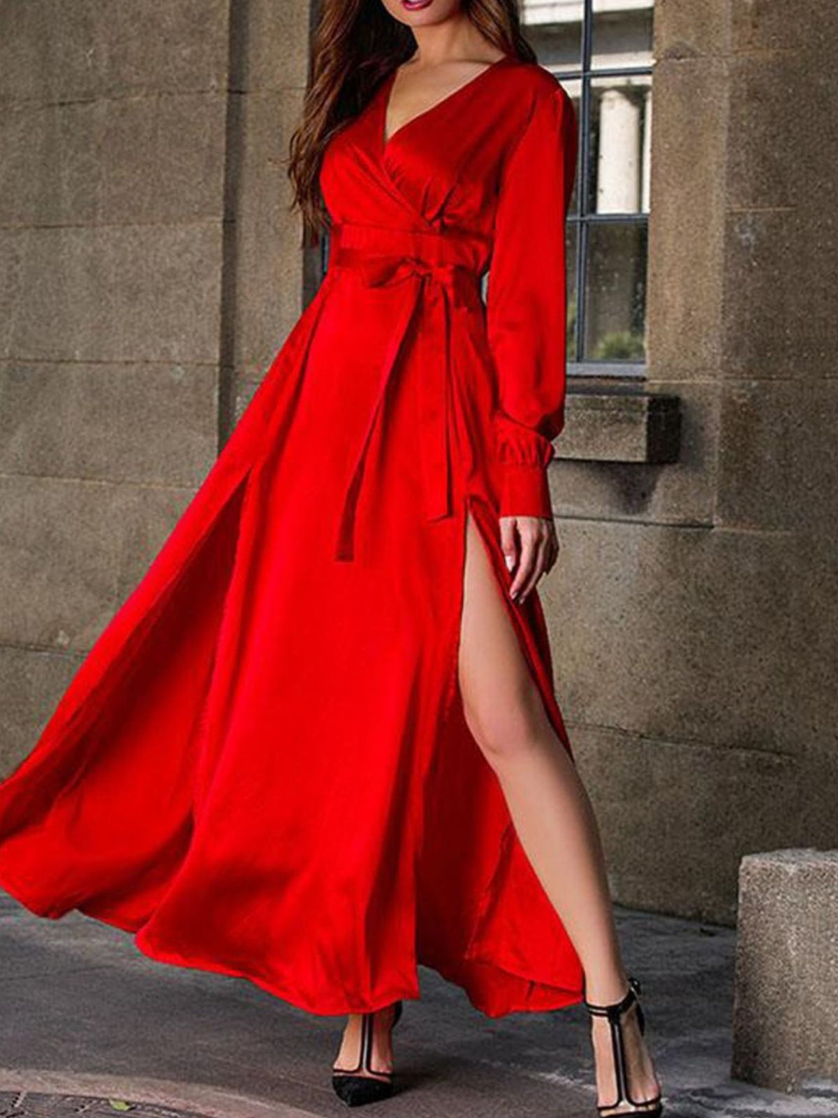 Robe longue grande taille cache-cœur à manches longues et fente pour femme – vue 5