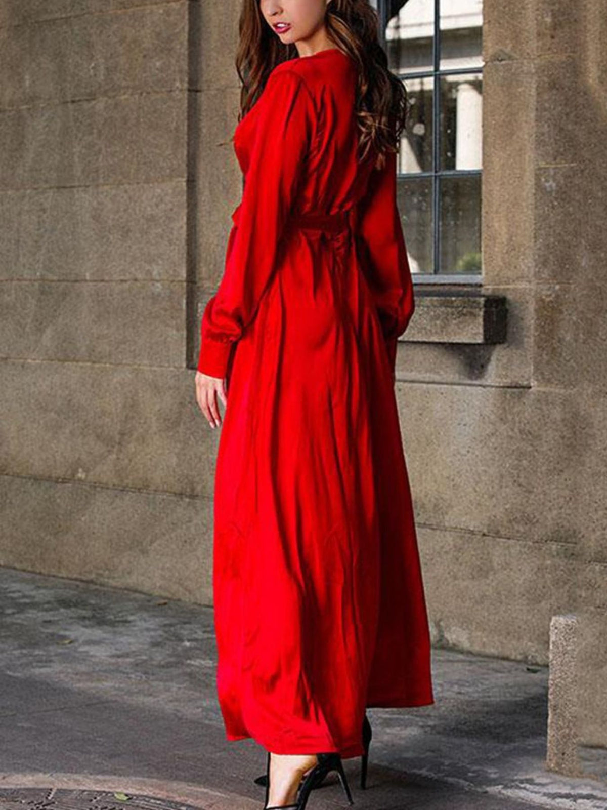 Robe longue grande taille cache-cœur à manches longues et fente pour femme – vue 6
