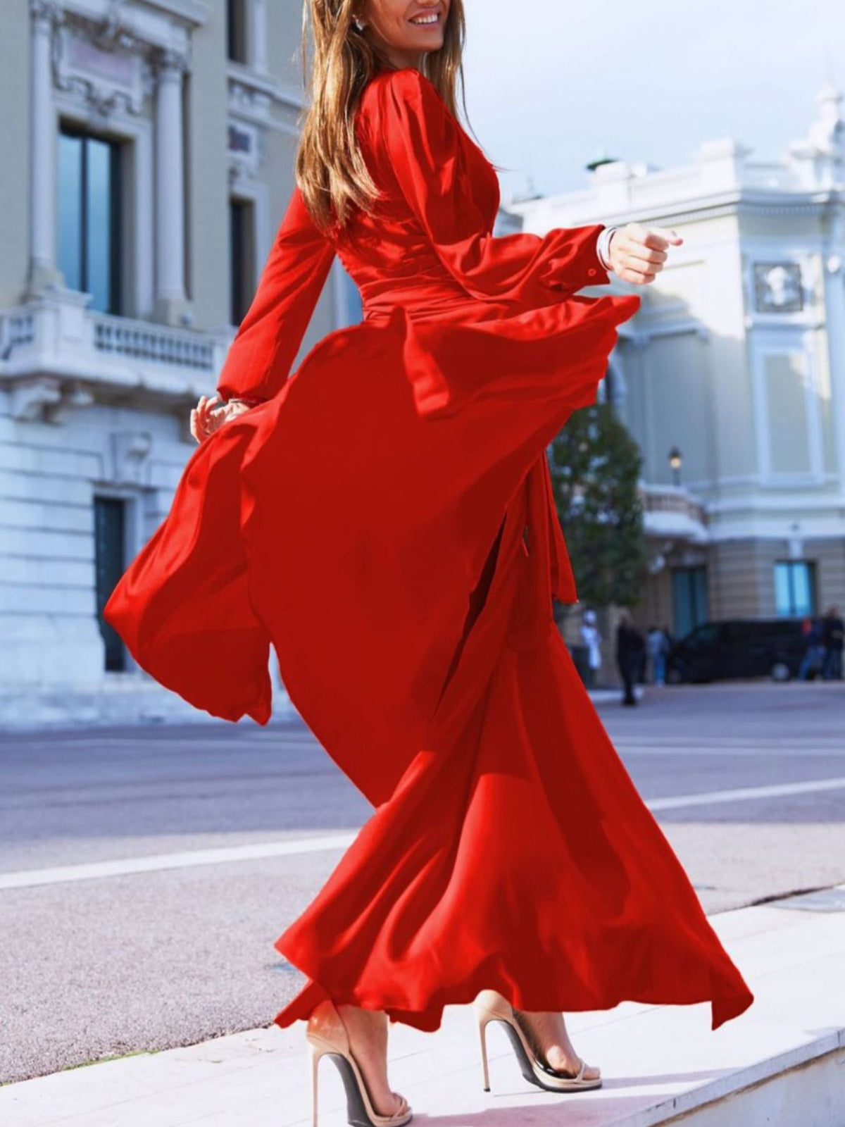 Robe longue grande taille cache-cœur à manches longues et fente pour femme – vue 8