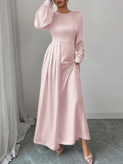 Robe longue en satin rose à manches longues et fente – vue 2