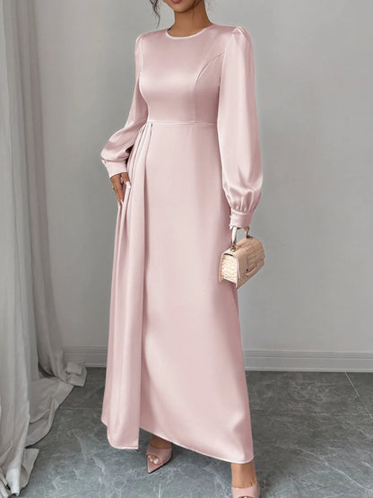 Robe longue en satin rose à manches longues et fente – vue 3