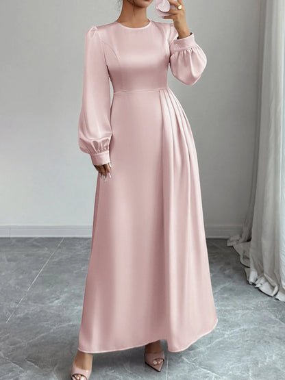 Robe longue en satin rose à manches longues et fente – vue 4