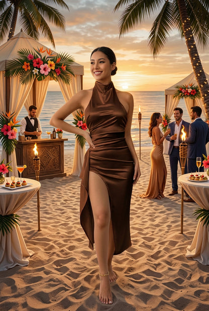 Robe longue satinée à col américain et fente haute pour femme – vue 18
