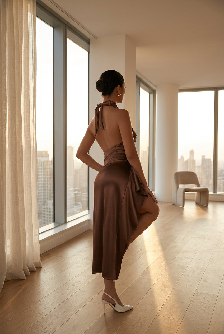 Robe longue satinée à col américain et fente haute pour femme – vue 20