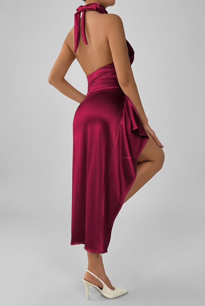 Robe longue satinée à col américain et fente haute pour femme – vue 8