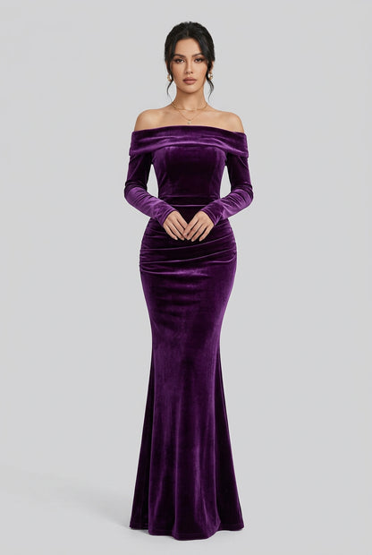 Robe longue sirène en velours à épaules dénudées pour femme – vue 13