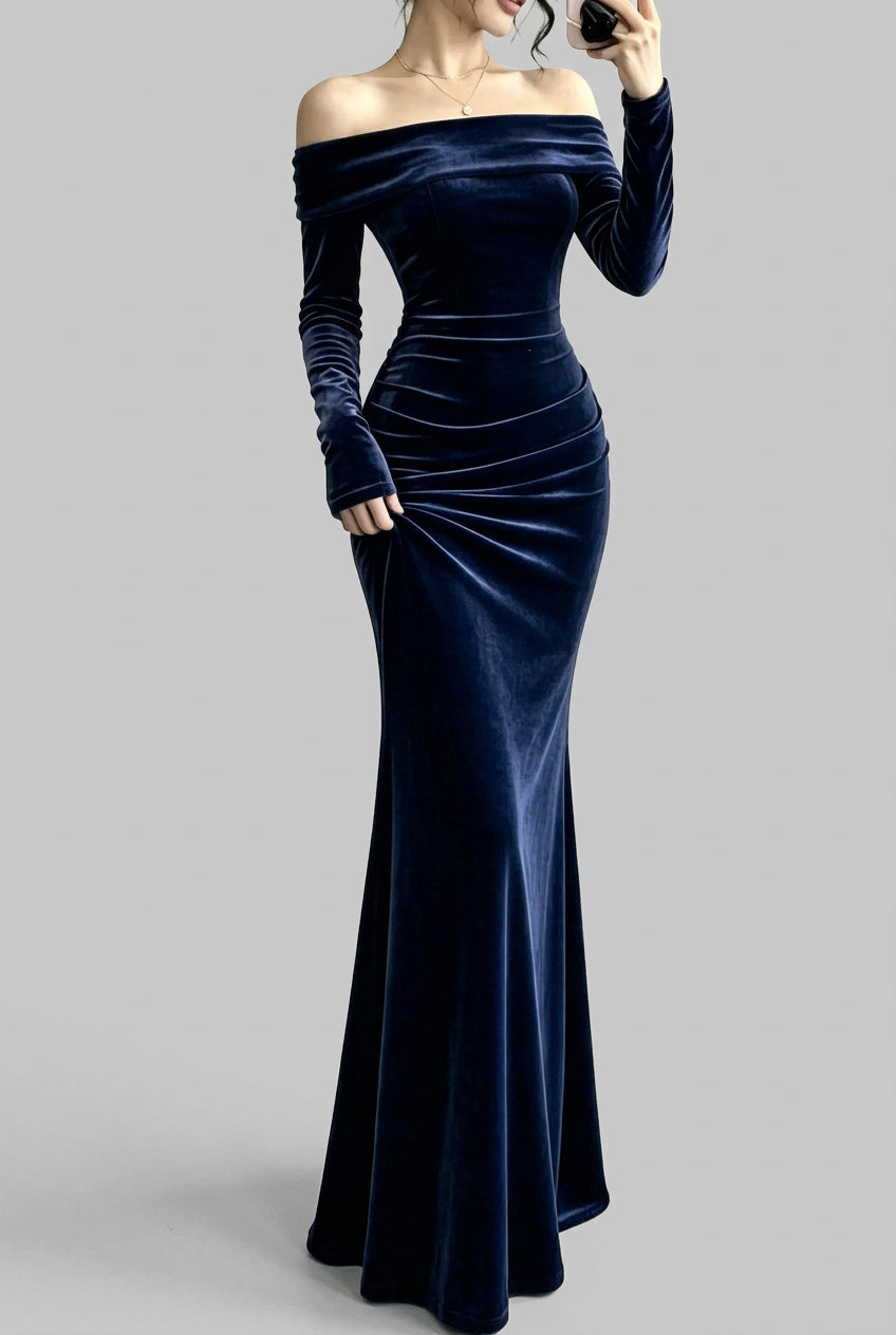 Robe longue sirène en velours à épaules dénudées pour femme – vue 15