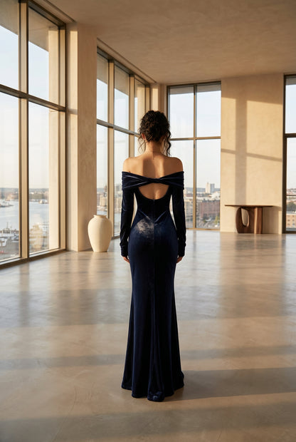 Robe longue sirène en velours à épaules dénudées pour femme – vue 16