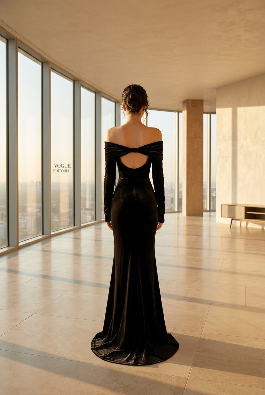 Robe longue sirène en velours à épaules dénudées pour femme – vue 6