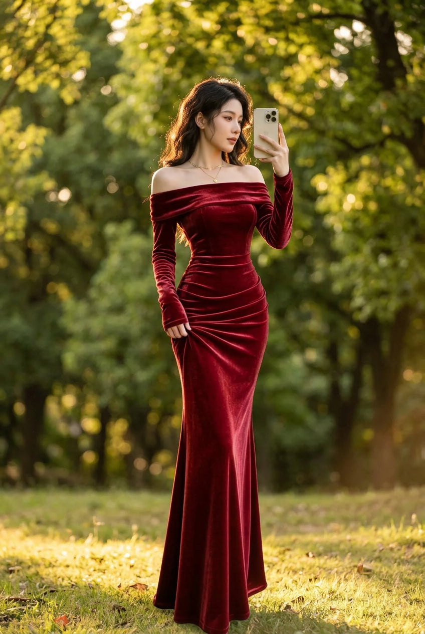 Robe longue sirène en velours à épaules dénudées pour femme – vue 7
