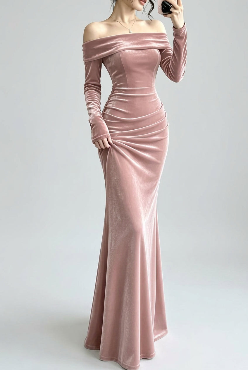Robe longue sirène en velours à épaules dénudées pour femme – vue 9