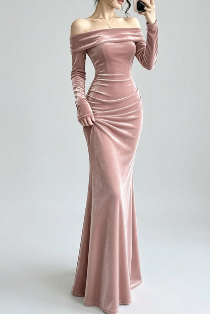 Robe longue sirène en velours à épaules dénudées pour femme – vue 9