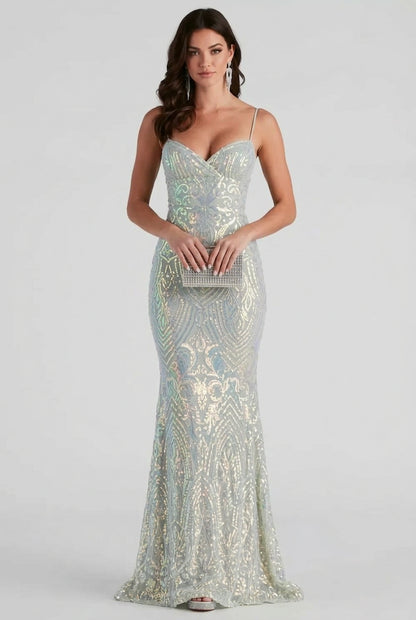 Robe longue de soirée sirène à sequins bleu ciel pour femme – vue 3