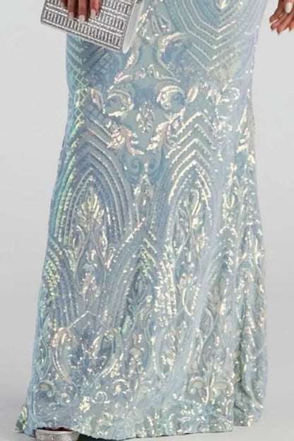 Robe longue de soirée sirène à sequins bleu ciel pour femme – vue 6